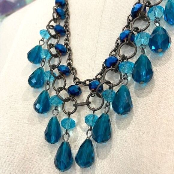 Blue Glass Crystal Drop Statement Necklace - Picture 2 of 5